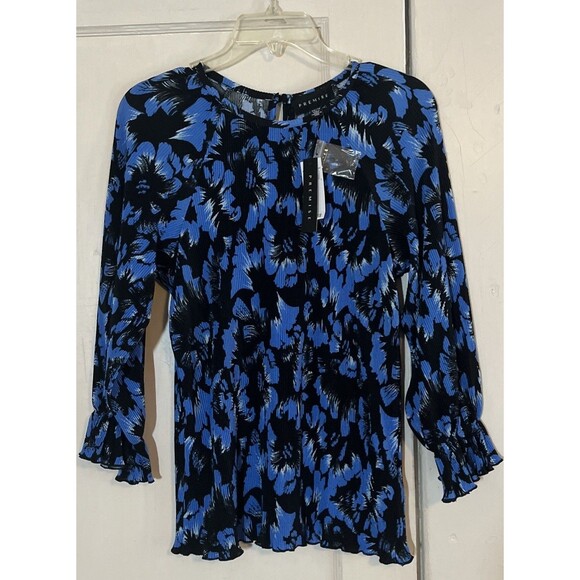 Premise Blouse Top Women’s XS Blue Black Stretch Long Sleeve Ruffled Cuff - Picture 1 of 7